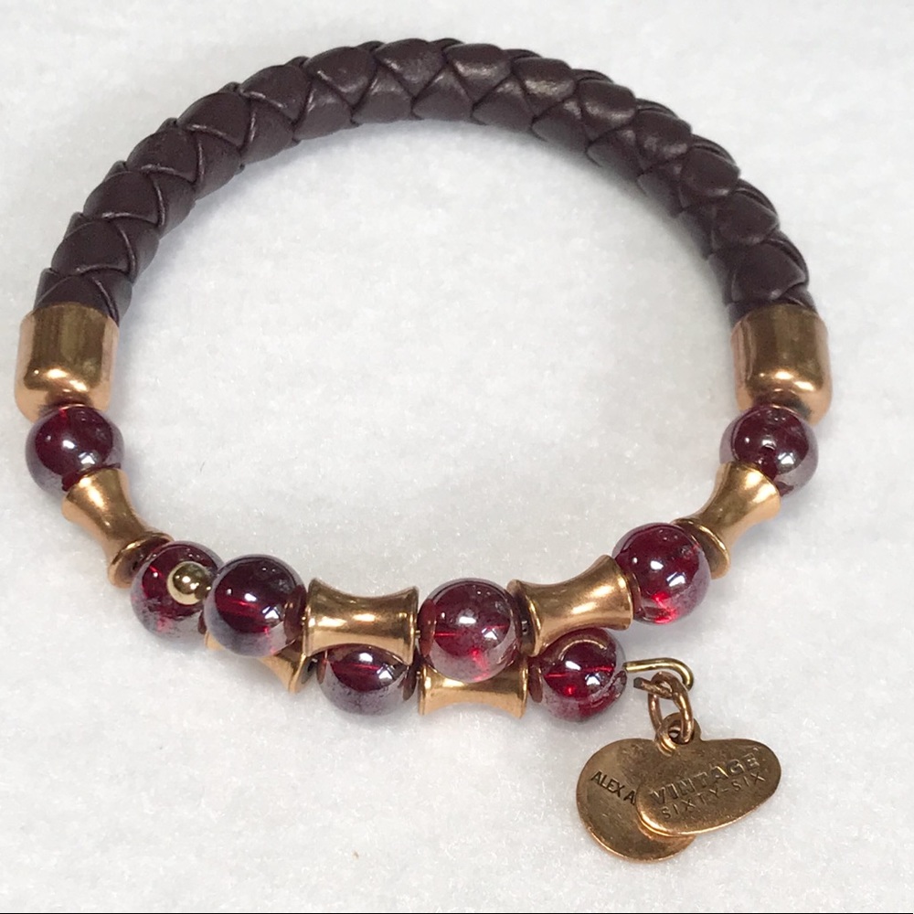 Alex & Ani Leather Wrap Bracelet w/Gold &Red Beads